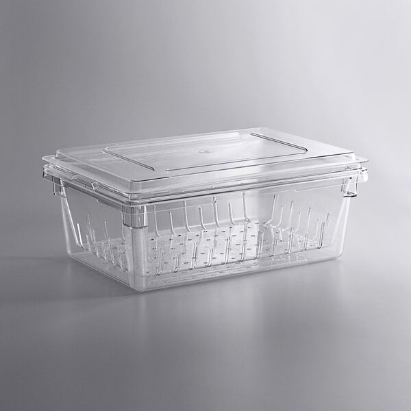 Cambro Camwear 26 x 18 x 15 Yellow Polycarbonate Food Storage Box with  Lid and 8 Deep Colander