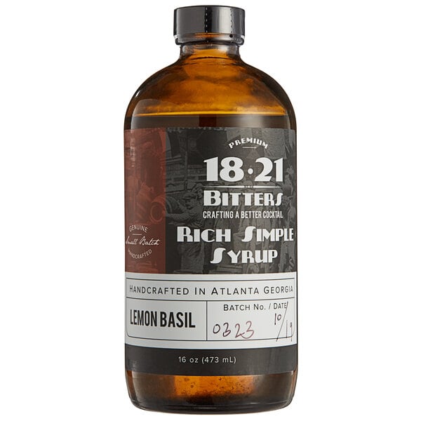 A brown 18.21 Bitters Lemon Basil Concentrated Syrup bottle.