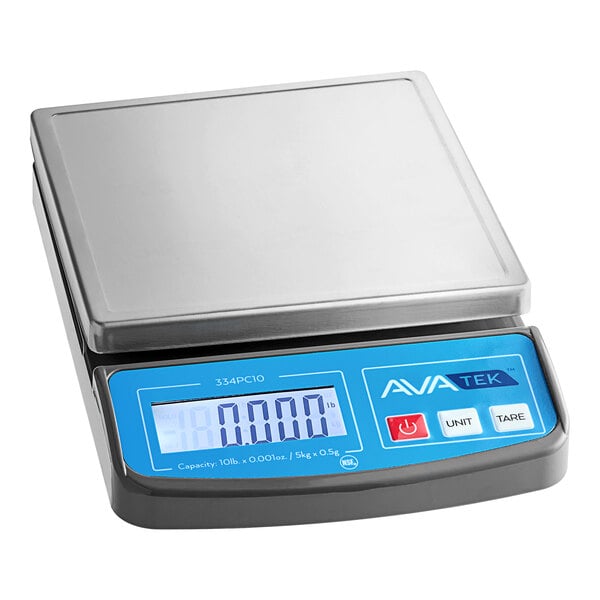 An AvaWeigh PC10 digital portion scale on a counter with a blue display.