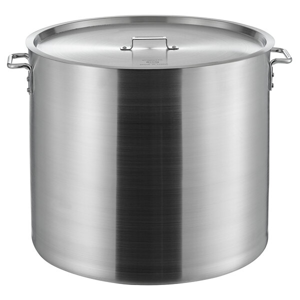 A large silver aluminum Choice stock pot with a lid.