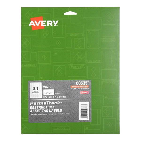 A green package labeled 'Avery' containing 672 white destructible asset tag labels, each measuring 1/2" x 1".