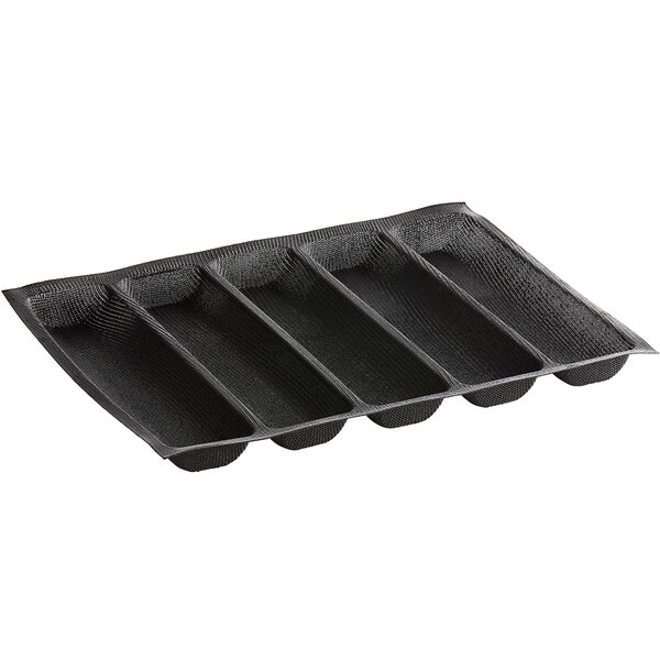 A black silicone bread mold with five compartments.