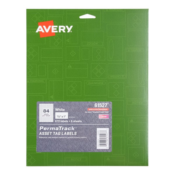 A green package labeled 'Avery' containing PermaTrack white asset tag labels, with product details and a barcode visible on the front.