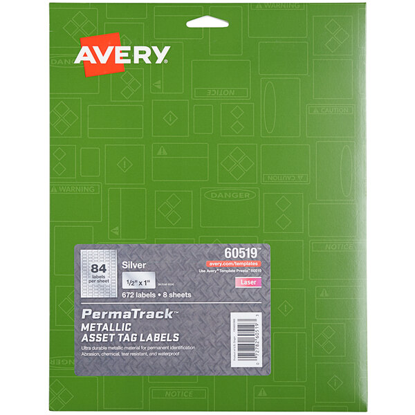 A green package of Avery PermaTrack metallic barcode labels with white text.