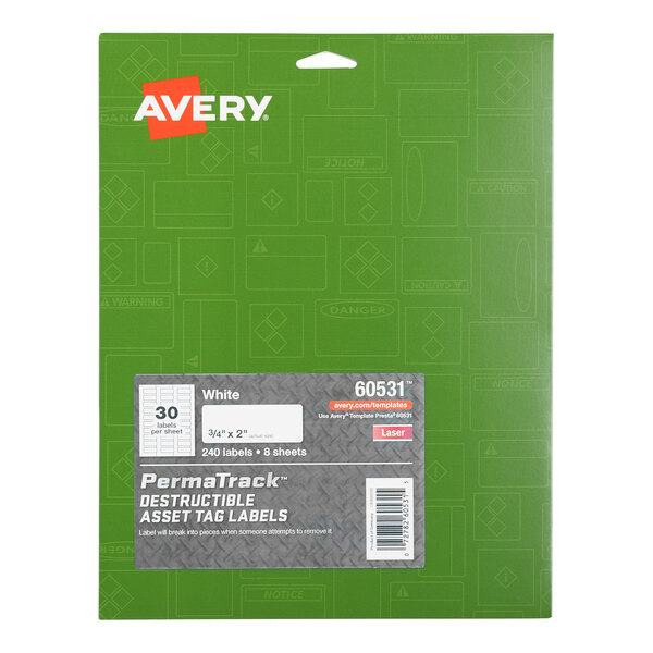A green package labeled 'Avery' containing 240 white destructible asset tag labels, each measuring 3/4" x 2".