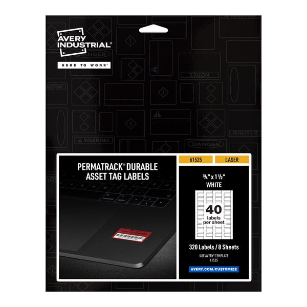 A package of white Avery PermaTrack asset labels with black text on white labels.