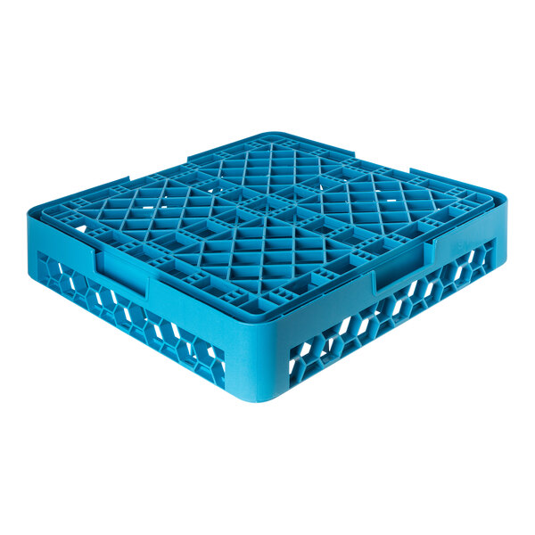 A blue plastic 16-compartment tilted cup rack.