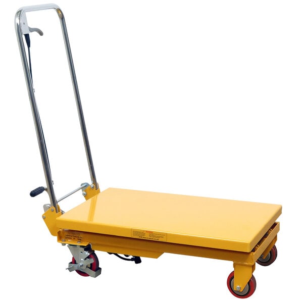 A yellow Wesco Industrial Products scissors lift table.