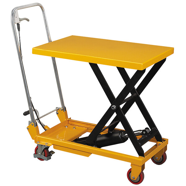 A yellow and black Wesco Folding Handle Scissors Lift Table with wheels.