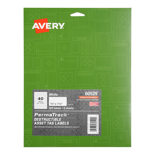 A green package of Avery PermaTrack destructible asset tag labels, featuring a label indicating 320 white labels (3/4" x 1 1/2") for laser printers.