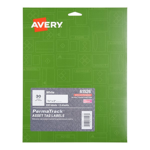 A green package of Avery PermaTrack asset tag labels with a gray label indicating 240 white labels, each measuring 3/4" x 2".
