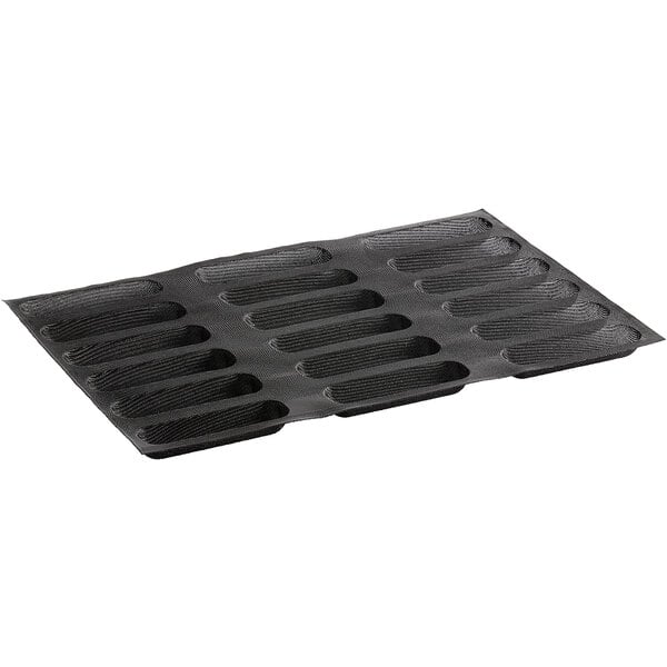 A black Sasa Demarle Flexipan Air hot dog bun mold with 18 compartments, each 6 inches by 1 inch.