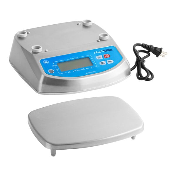 A stainless steel digital portion control scale with a detachable platform and power cord.