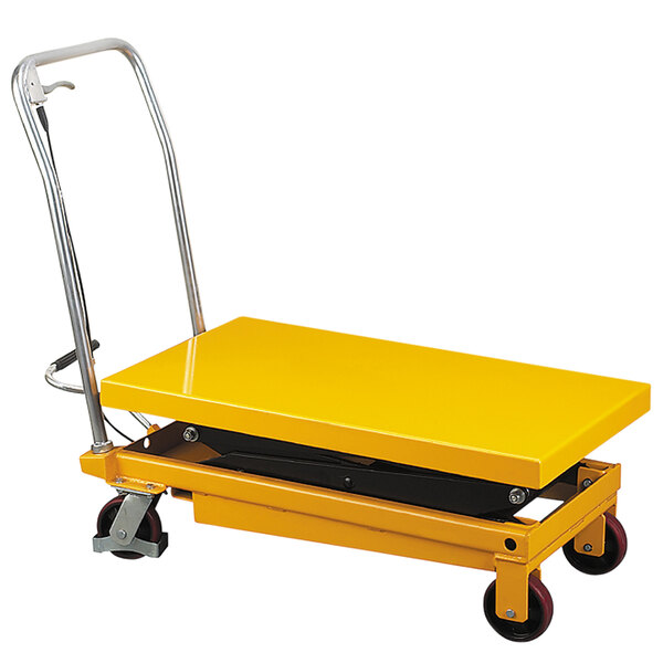 A yellow Wesco Industrial Products double scissors high lift table with wheels.