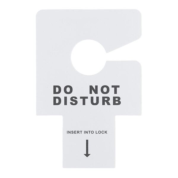 A white hotel door sign with 'Do Not Disturb' text, designed to hang on a door handle or insert into a key slot.