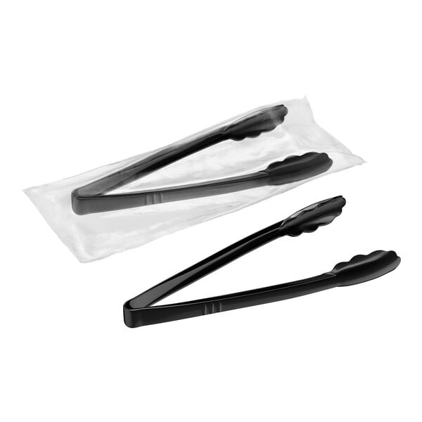 Visions 12" Individually Wrapped Extra Heavy-Duty Black Disposable Polypropylene Tongs - 24/Case