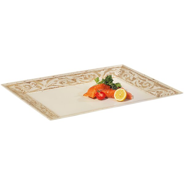 A GET Olympia rectangular melamine tray with salmon and vegetables on it.