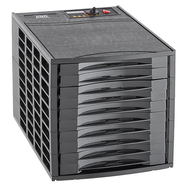 A black rectangular Backyard Pro food dehydrator with ten trays and a button on top.
