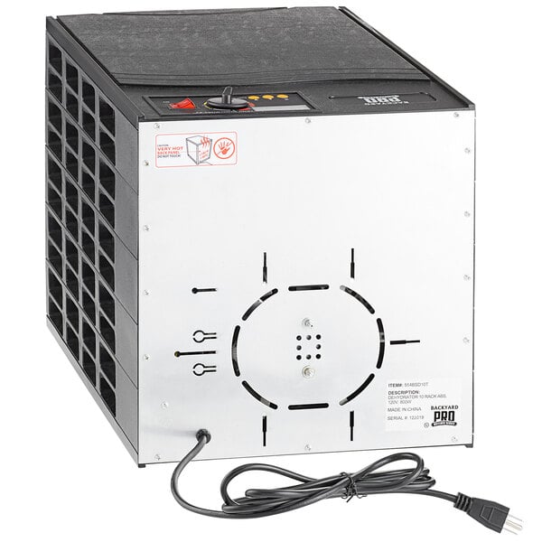 A white and black Backyard Pro Butcher Series food dehydrator with a black cord.