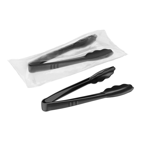 A pair of black disposable polypropylene tongs, with one tong individually wrapped in plastic.