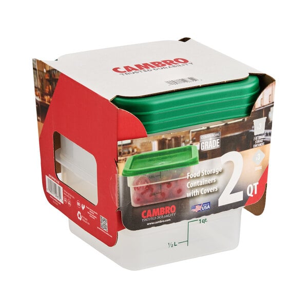 Cambro CamSquares® 2 Qt. Translucent Square Polypropylene Food Storage Container and Green Lid - 3/Pack