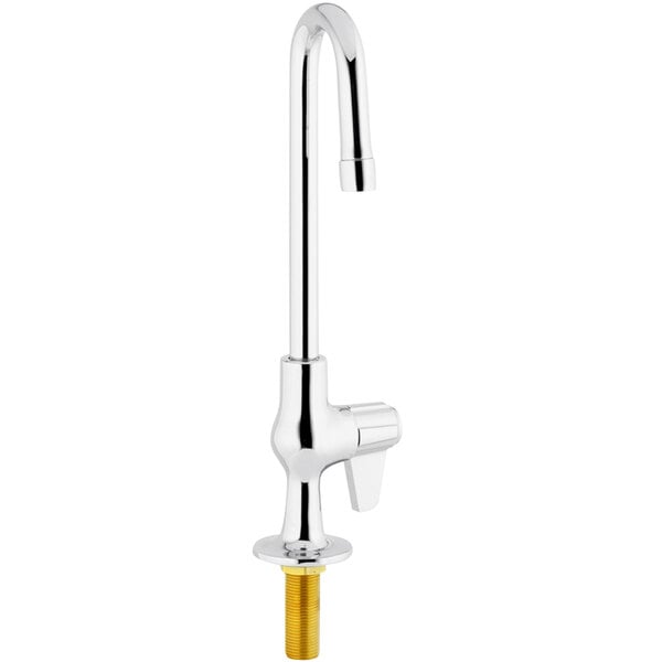 A silver Equip by T&amp;S deck-mounted faucet with a yellow lever handle.