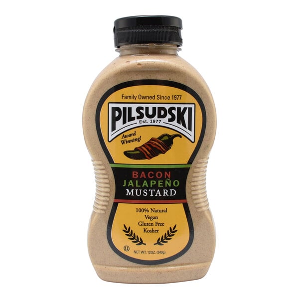 A 12 oz. squeeze bottle of Pilsudski Bacon Jalapeno Mustard.