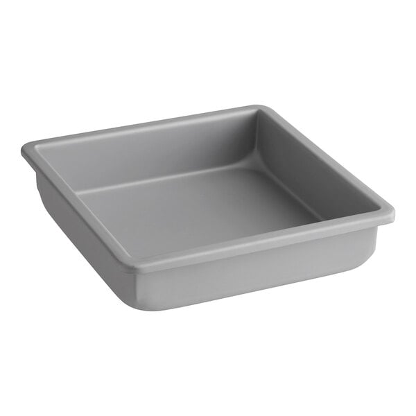 A grey square baking dish.