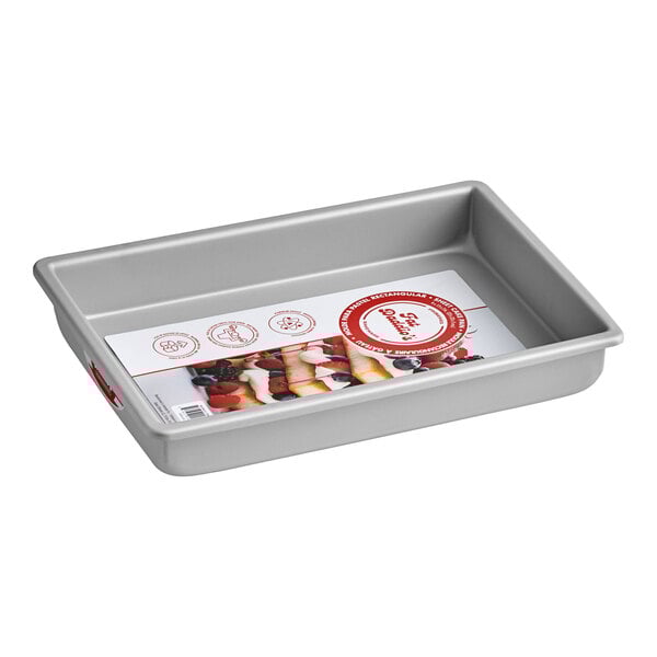 A rectangular baking pan with a red Fat Daddio's label on it.