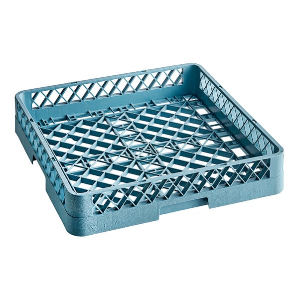 A blue plastic dish rack with open sides and holes.