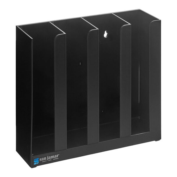 A black metal San Jamar countertop organizer with four compartments.