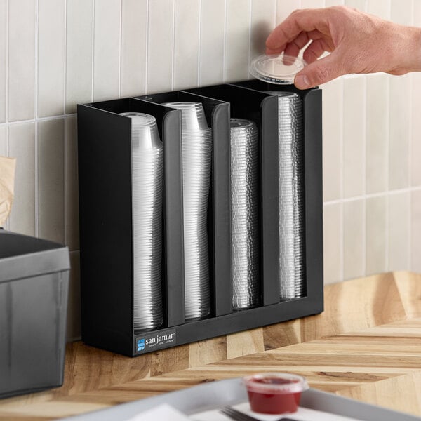 San Jamar PCL2 Black 4-Section Countertop 1.5 - 3 oz. Portion Cup and Lid Organizer