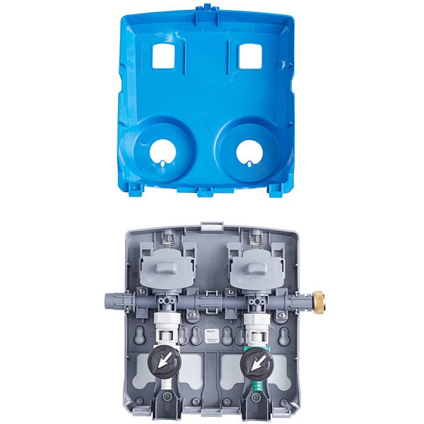 A grey plastic box with two blue plastic cases and black and white pipes.