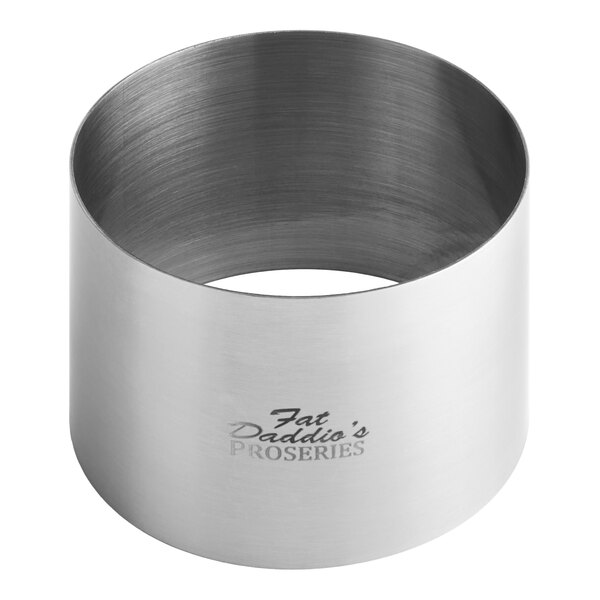 A stainless steel circular ring with "Fat Daddio's" in black text.