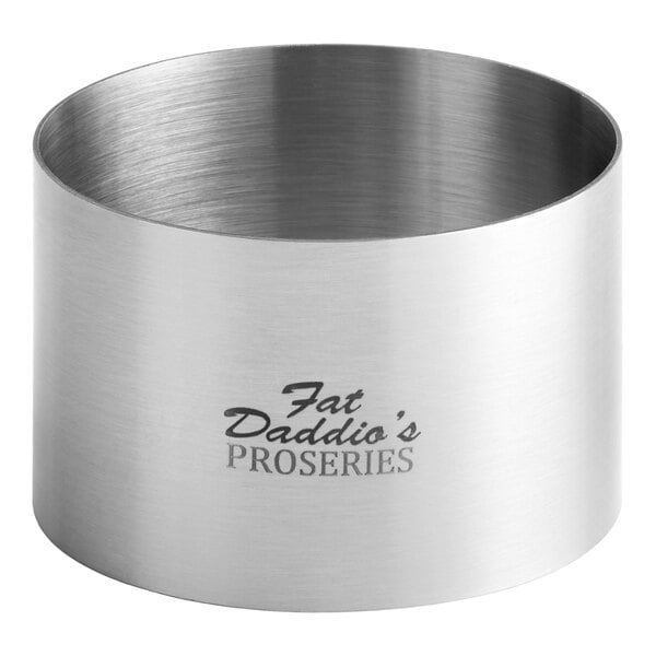 A silver stainless steel round cake/food ring mold with the words "Fat Daddio's ProSeries" on it.