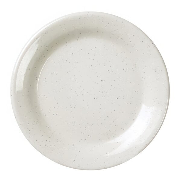 A close-up of a white Thunder Group San Marino melamine bread plate with speckled specks.