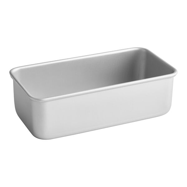 A silver rectangular metal Fat Daddio's bread loaf pan.