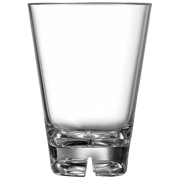 An Arcoroc clear plastic rocks glass.