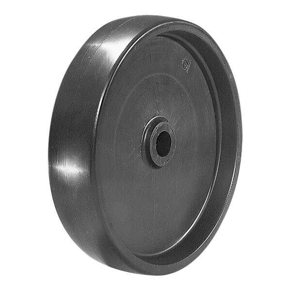 A round black metal wheel with a hole in the center.