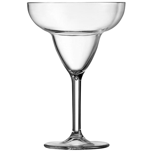 An Arcoroc clear plastic margarita glass with a stem and a rim.