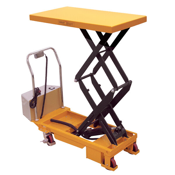 A yellow Wesco Industrial Products powered double scissor lift table.