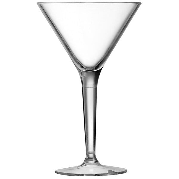 An Arcoroc clear plastic martini glass with a stem.