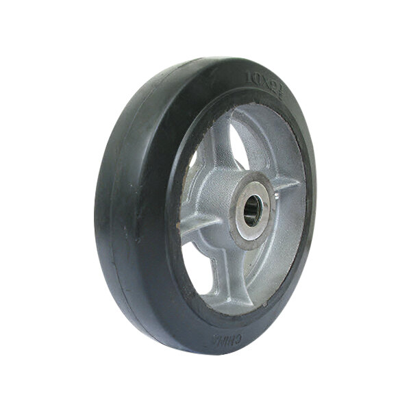 A close-up of a black rubber wheel with a metal rim.