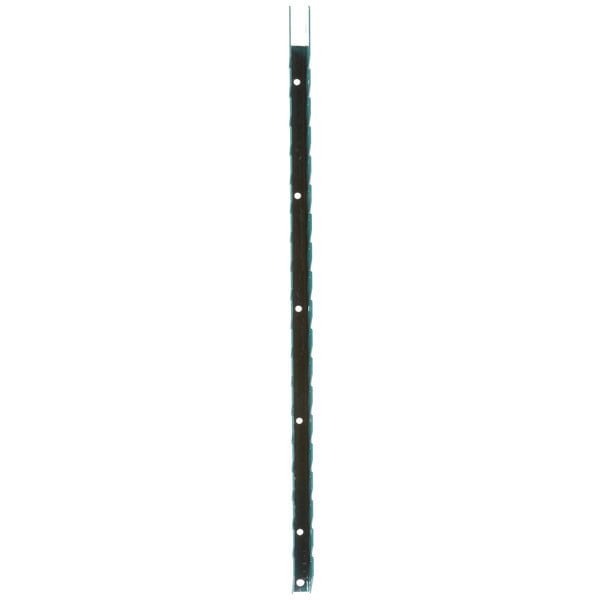 A long green and black Metro metal pole with holes.