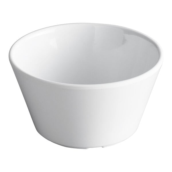 A white melamine bouillon cup with an 8 oz. capacity.