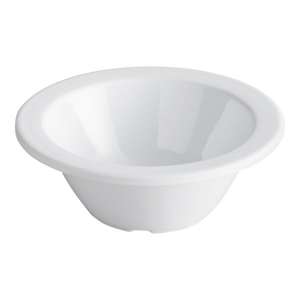 A white, narrow rim melamine fruit dish with a 5 oz. capacity.