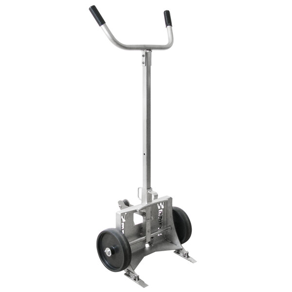 A Wesco stainless steel hand truck with wheels and white handles.