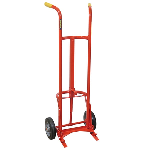 A red Wesco Industrial Products Deluxe hand truck with wheels and a handle.