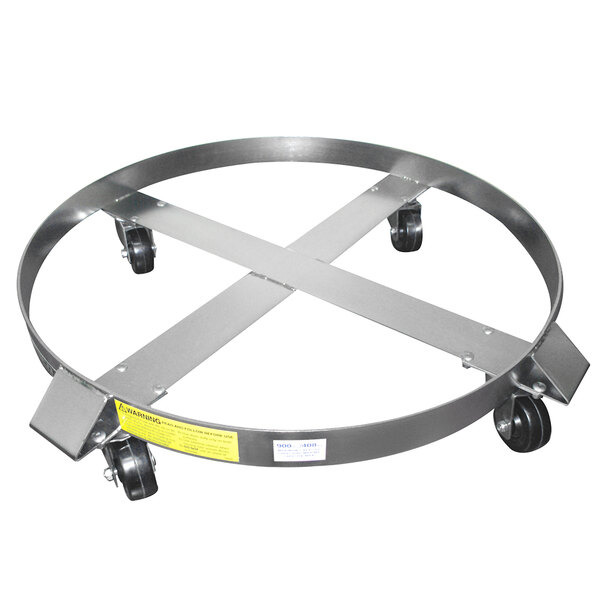 A Wesco stainless steel dolly for steel drums with metal wheels.