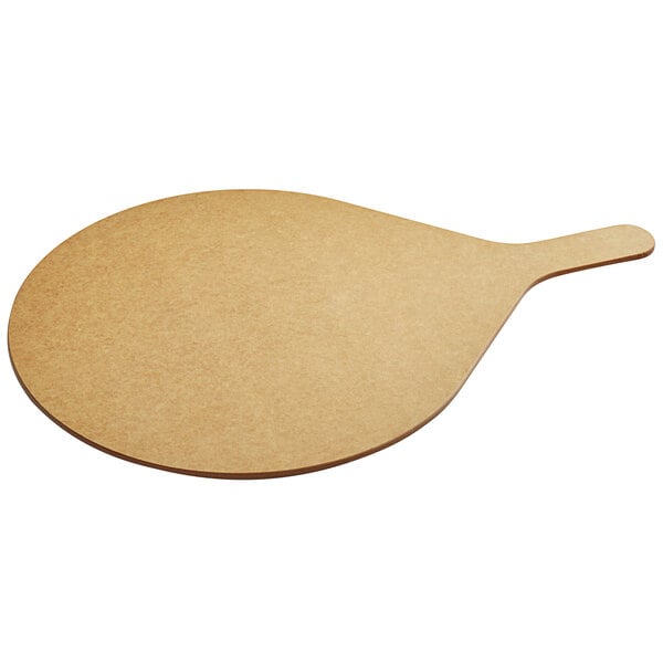 A brown Richlite wood pizza peel with a handle.